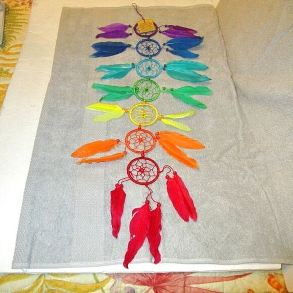 Rainbow Dream Catcher Native Sacred Hoop Chakras Beads Feathers 25" Home Wall - Picture 2 of 7